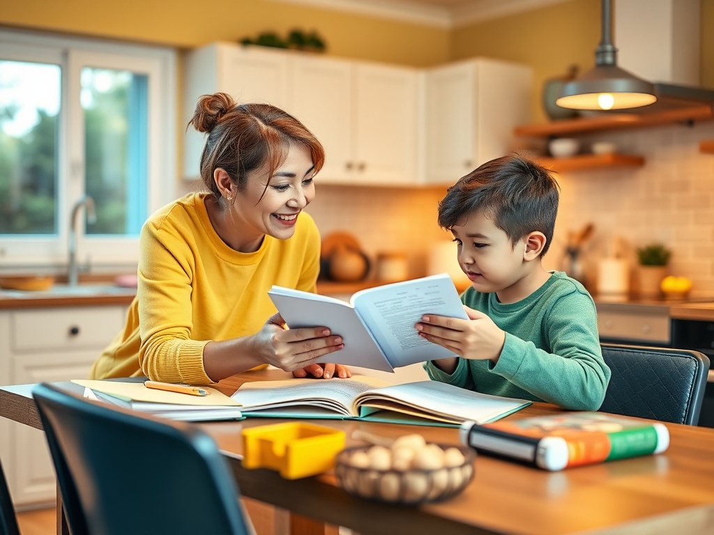 Мать и сын читают книгу за столом на кухне, улыбаются и обсуждают информацию.