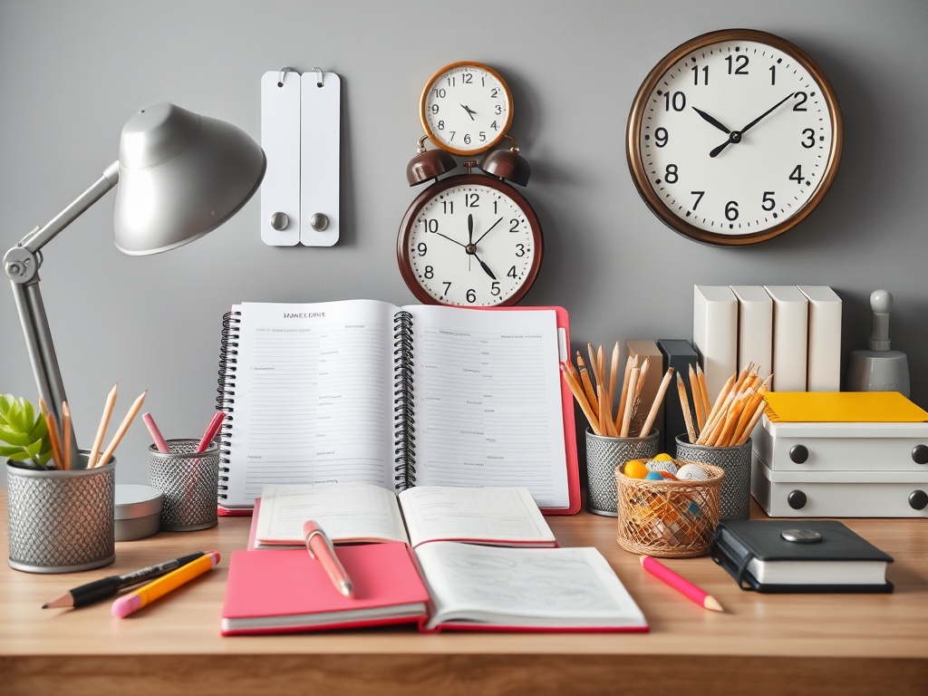 Рабочий стол с лампой, блокнотами, канцелярскими принадлежностями и настенными часами на фоне серой стены.