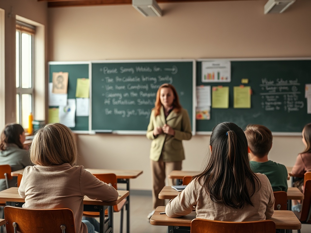 Учительница проводит урок в классе, ученики внимательно смотрят на неё и слушают. Стены украшены учебными материалами.