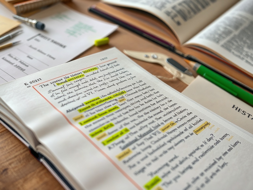 На столе лежат книги, заметки, ручки и документы для изучения. Один учебник открыт с выделенными текстами.