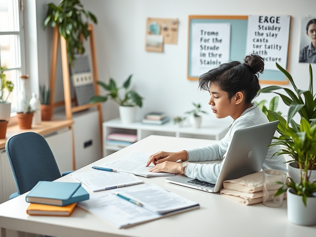 Молодая женщина за столом, работает с документами и ноутбуком, окруженная зелеными растениями.