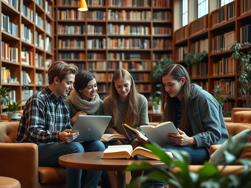 Четыре студента сидят в библиотеке и обсуждают книги, используя ноутбук и бумажные издания.