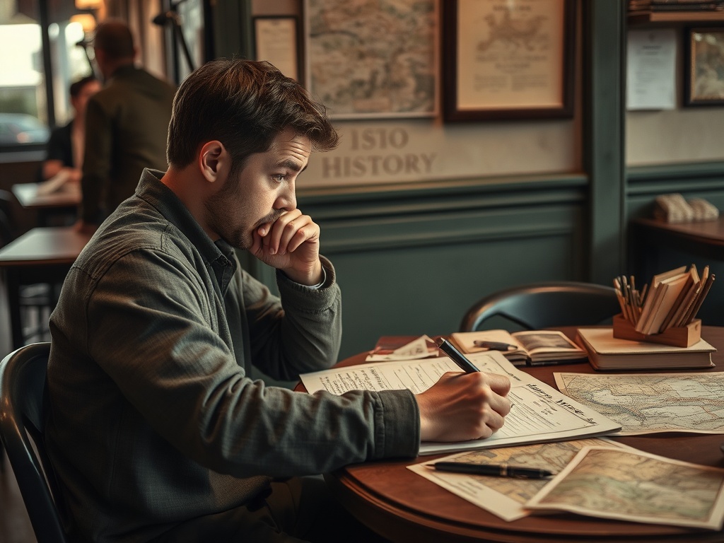 Молодой человек сосредоточенно работает за столом, окружённый картами и документами в уютном кафе.