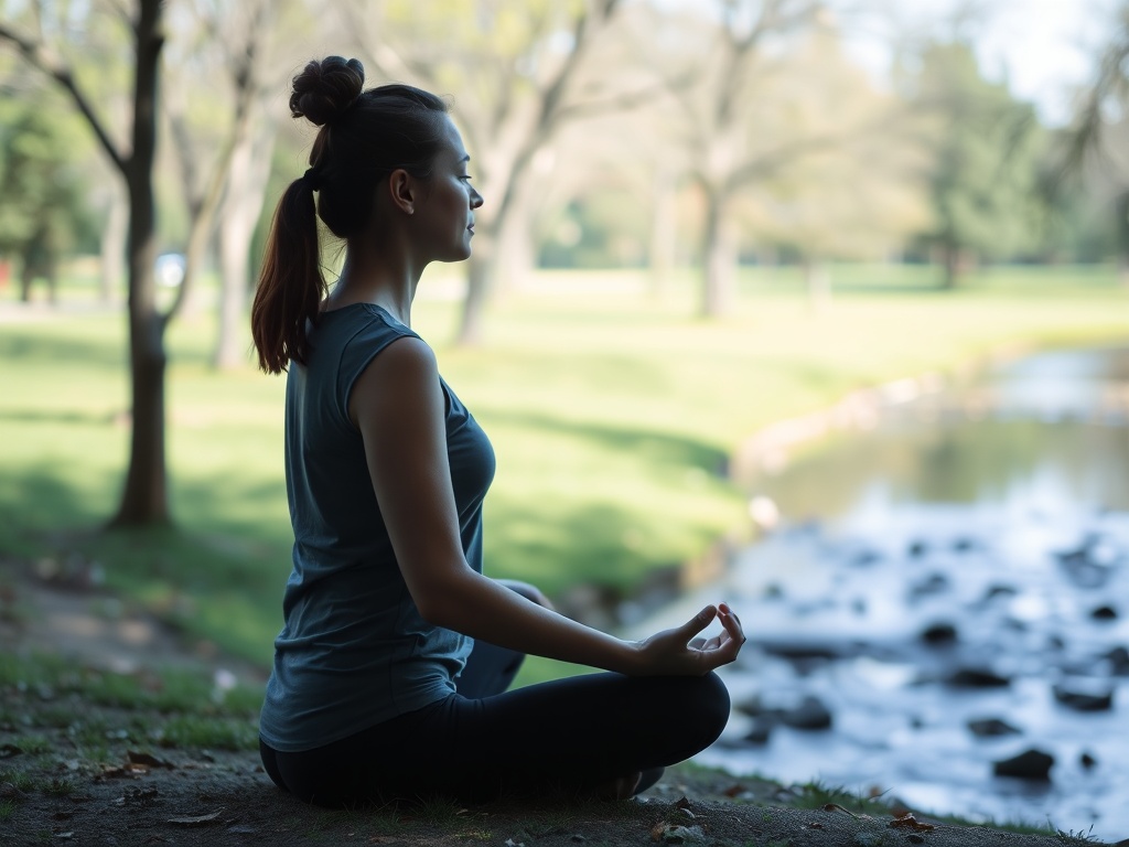 Женщина сидит в позе медитации у реки, наслаждаясь спокойствием природы.