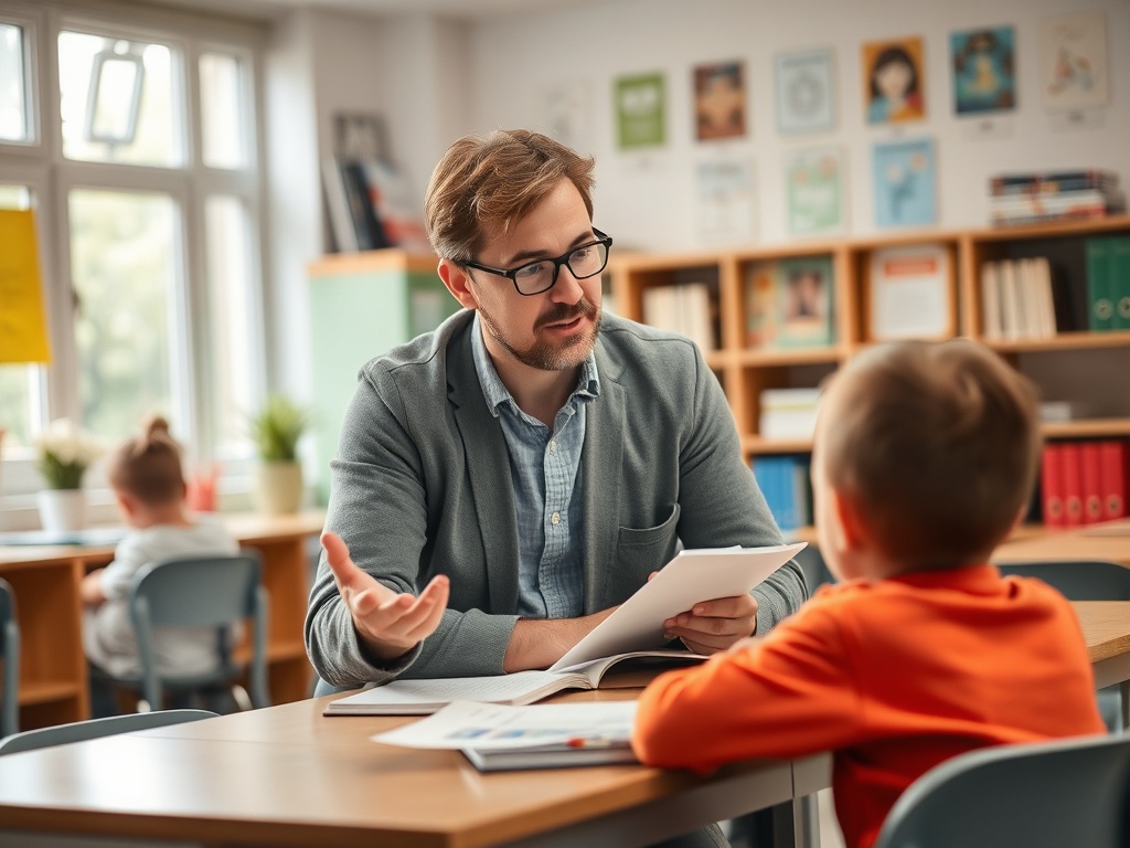 Учитель беседует с ребенком, обсуждая темы на уроке в уютном классе с книжными полками.