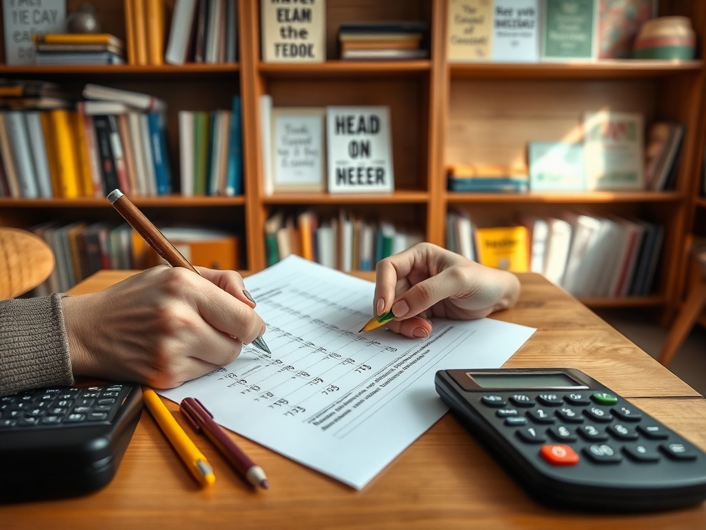 На столе лежит лист с записями, ручка и калькулятор. На заднем плане — полки с книгами.