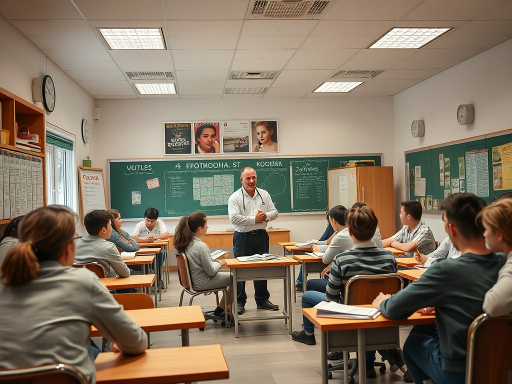 Учитель проводит урок в классе, обсуждая материал с учениками, сидящими за партами.