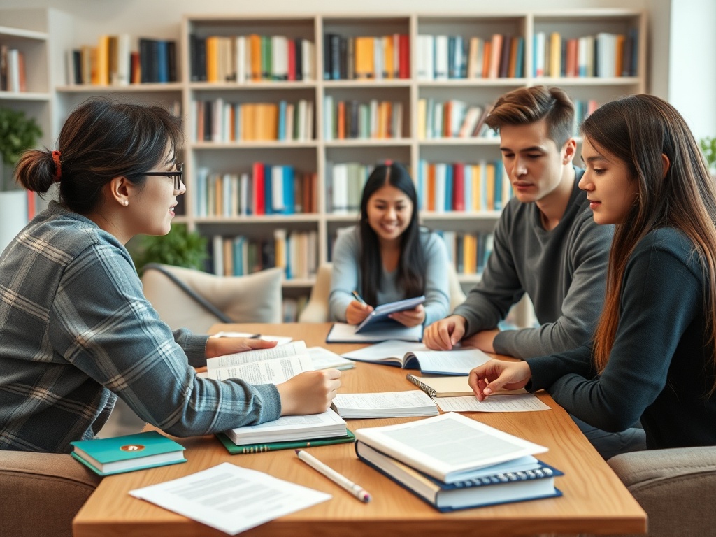 Четыре студента учатся вместе за столом, окруженном книгами в уютной библиотеке.