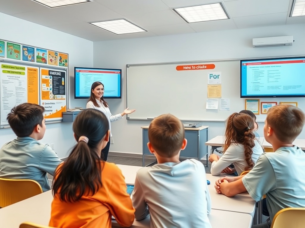 Учитель объясняет материал группе учеников в современном классе, окруженном учебными материалами.