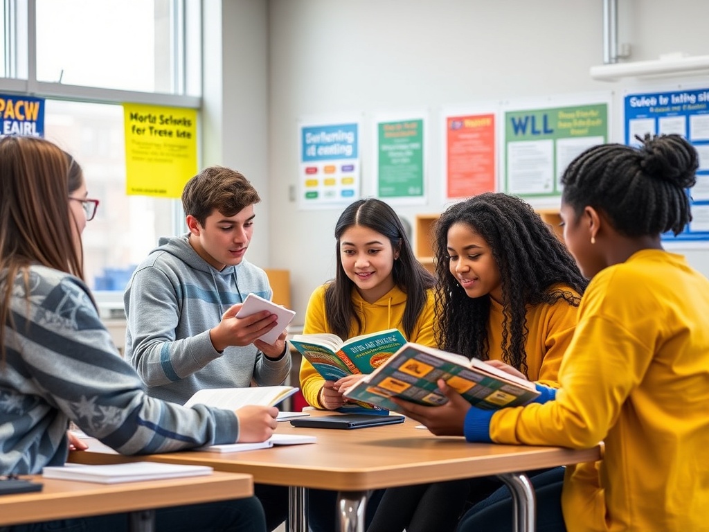 Группа студентов обсуждает учебные материалы за столом в классе. Разноцветные плакаты на стенах.