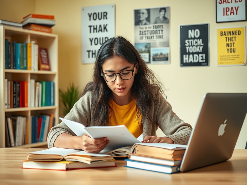 Студентка читает книги и делает заметки за столом, рядом с ноутбуком и книгами на полке.