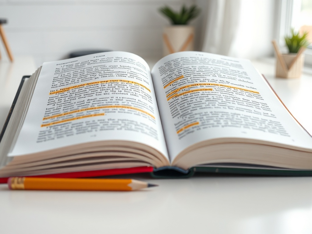 Открытая книга на столе с вырезанными фразами. Рядом лежит желтый карандаш и горшочек с растением.