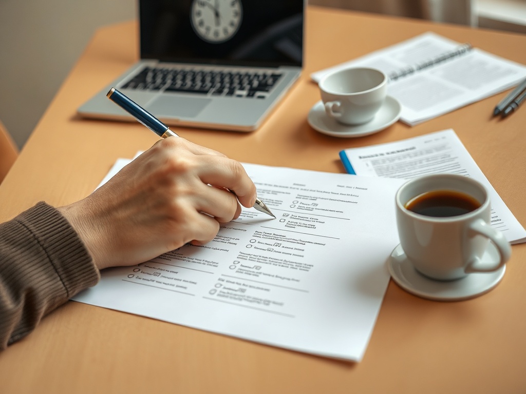 На столе лежат документы, ноутбук, чашка кофе и ручка, используется для заполнения анкеты.