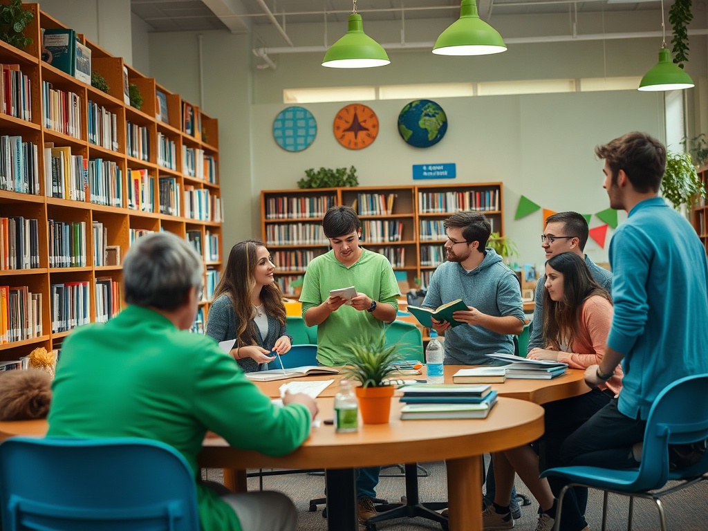 Группа студентов обсуждает книги в библиотеке, окружённая полками с литературой и зелёными растениями.